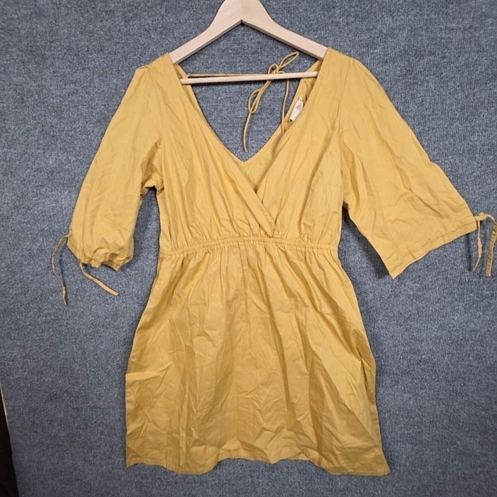 Reistor Dress Womens L Yellow Organic Cotton V Neck Puff Sleeve Short Sundress